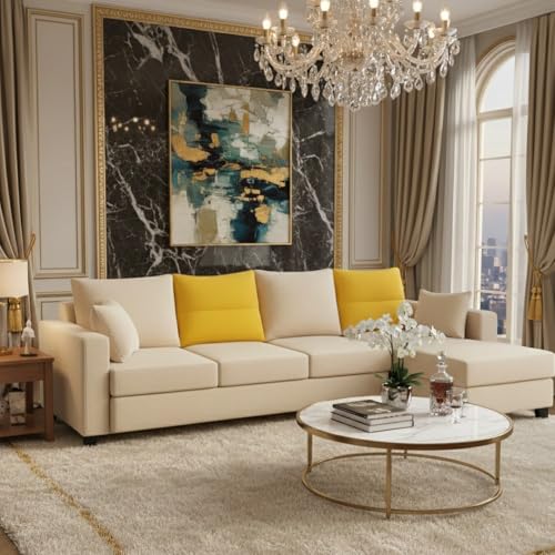 Image of CASASTYLE Texon 5 Seater Fabric RHS L Shape Sofa Set (Yellow-Cream) Velvet Finish | Comfortable Sectional Sofa Set