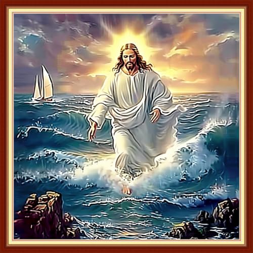 Image of Joyhoor Cross Stitch Kits for Beginners Stamped Cross-Stitch Supplies Needlework preprint Embroidery Kits for Adults DIY Needlepoint Kit Embroidery Patterns 11CT-Jesus on the Sea 18x18 inch