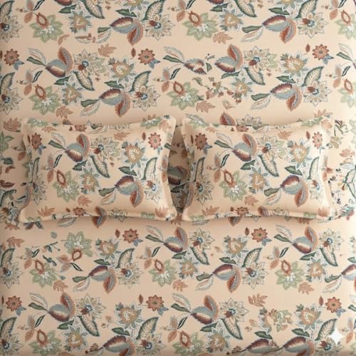 Image of Cotton Bolls Textiles Glace Cotton Flat Bedsheet 90x90 Inch with 2 Pillow Covers - Soft Breathable Glace Cotton, Printed Bedding Set for Double Bed