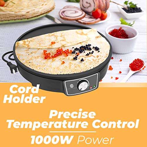 Crepe Maker Machine (Lifetime Warranty), Pancake Griddle – Nonstick 12” Electric Griddle – Pancake Maker, Batter Spreader, Wooden Spatula – Crepe Pan for Roti, Tortilla, Blintzes – Portable, Compact, Easy Clean