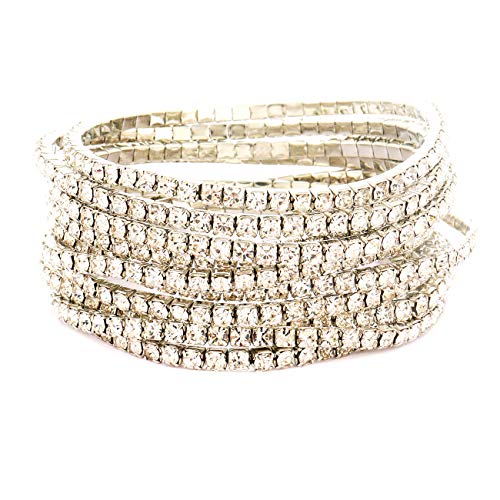 Silver Crystal Stretch Bracelet for Women Cubic Zircon Diamond Bracelet for Girls Multi-Strand Rhinestone Strand Bracelet Set of 10 PCS (Silver)
