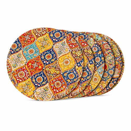 Image of Premium Round Cotton Dining Table Mats Set of 6 | Washable Heat Resistant Food Mat | Circular Dining Table Hot Plate Mats & Coaster for Hot Utensil (14-inch, Printed Mandala /Multicolour)