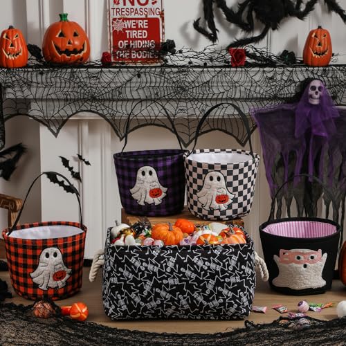 Image of Halloween Skeleton Basket Spooky Baskets, Collapsible Gift Basket Toy Storage with Handles Halloween Skeletons Stuffer Basket Large Storage Bins with Drawstring Closure Skeleton Decorations