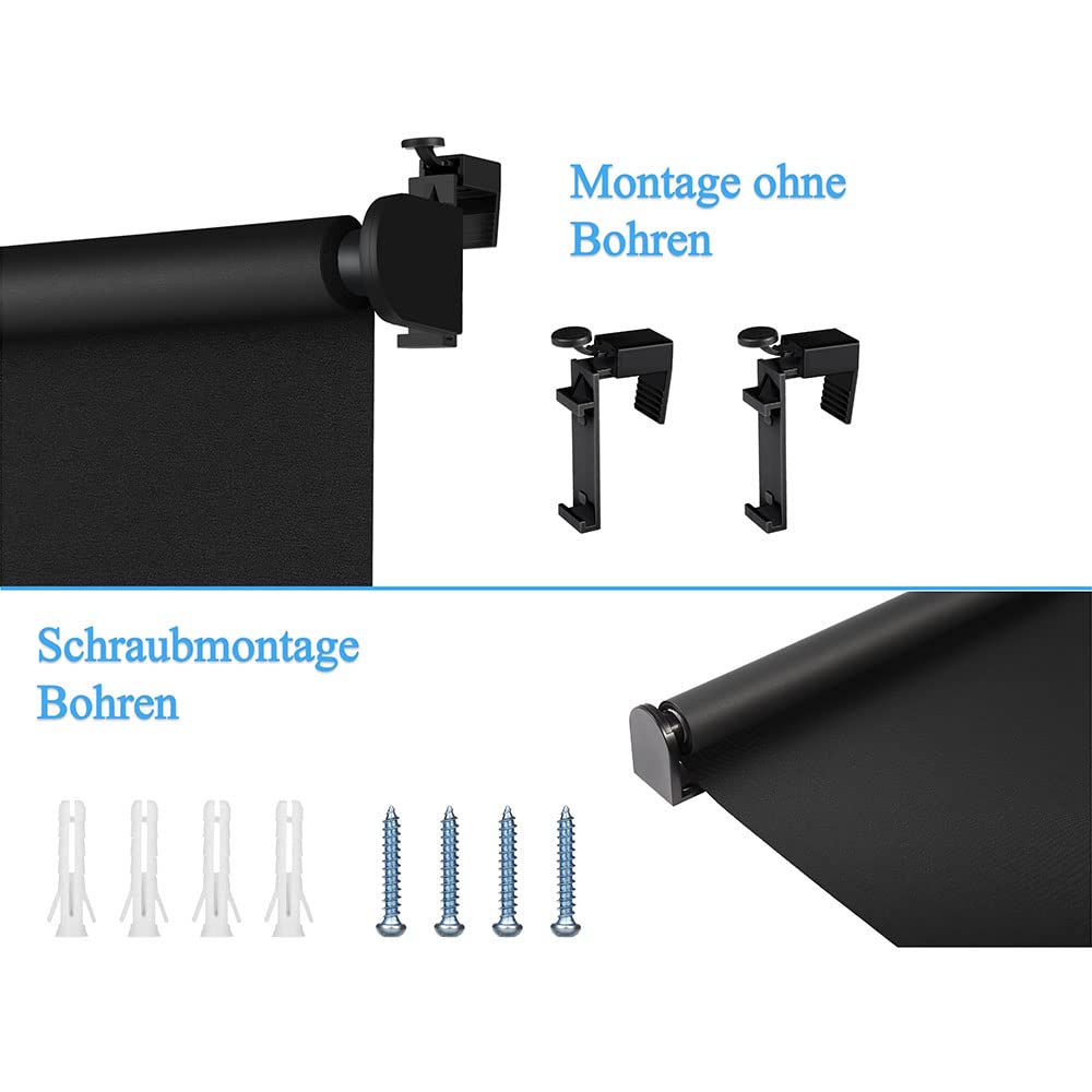 Eurohome Blackout Roller Blind, Thermal Roller Blind, 55 x 130 cm (Fabric Width 51 cm), Black, Klemmfix, No Drilling Required - Image 3