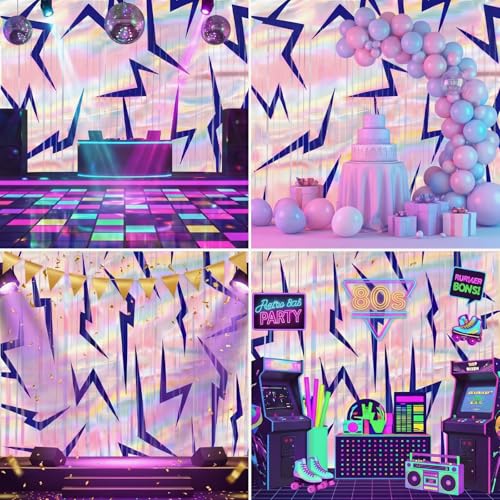 Image of Tiamon 2 Pack Kpop Party Decorations 3.3 x 6.6 Ft Foil Fringe Curtains Backdrop Purple Lightning Energy Holographic Rainbow Tinsel Streamers Photo Booth for Girls Birthday Party Supplies