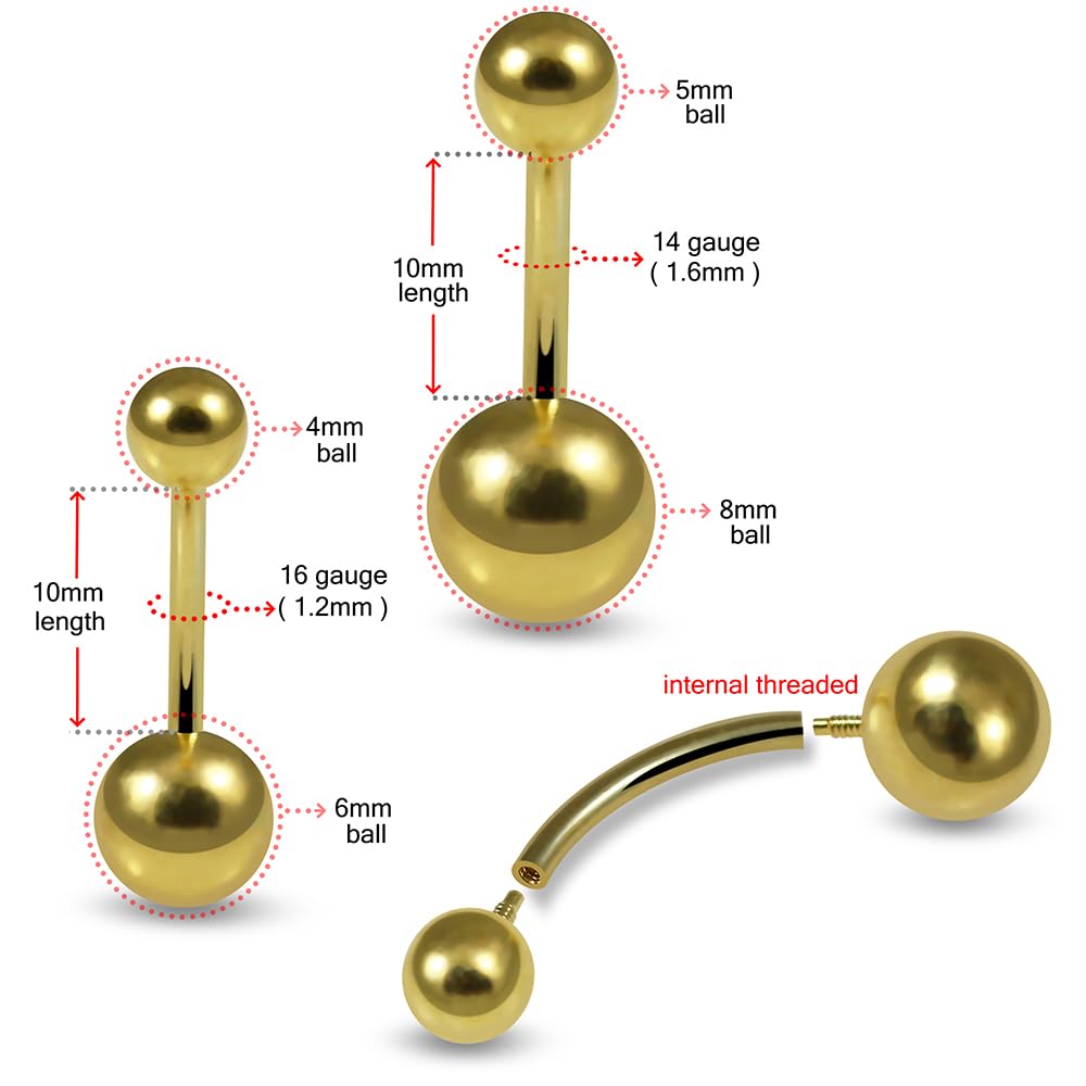 Piercing para ombligo de oro amarillo macizo de 14 quilates con rosca interna de bola lisa - Joyería para ombligo - Joyería para el ombligo - Piercing curvo de oro para ombligo