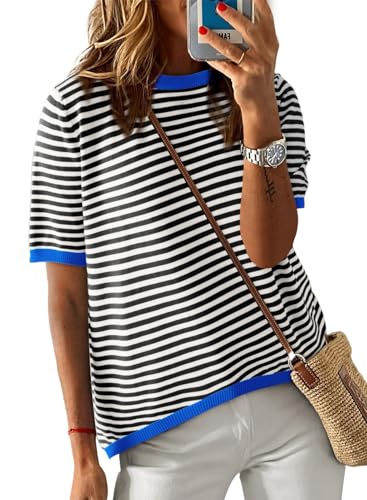 Image of Dokotoo Womens Tops 2026 Casual Summer Crewneck Short Sleeve Striped Color Block Knit High Low Trendy Pullover Sweaters