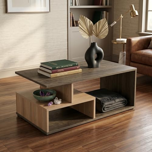 Image of Nexus Geometric Center Table - Modern 2-Tier Coffee Table with Staggered Storage Shelves for Living Room | Premium 15mm Engineered Wood, Dark Walnut & Light Oak Finish (90x50x35 cm)