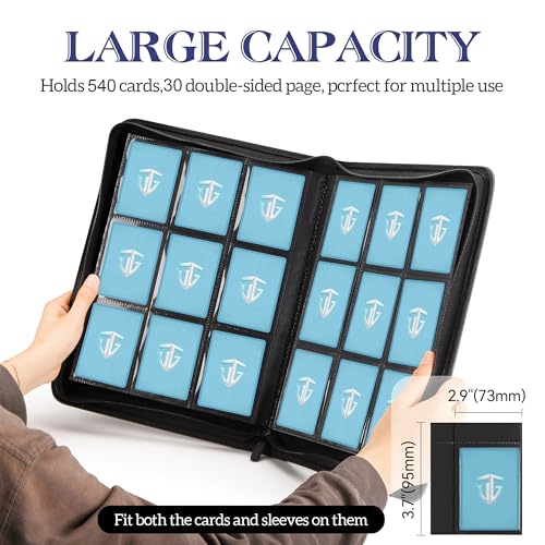 Image of Trading Card Binder, 9 Side Loading Pocket Card Album Hold Up to 540, Zipper Binder for Collection, TCG Holder for Sports, Yugioh, MTG etc. (Dark Green 9)