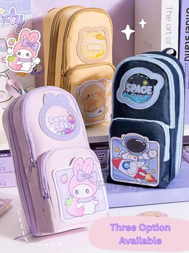 Image of WORSHIPER 6 Layer with 3 Compartment Premium Canvas Pencil Pouch for School Girls and Boys, Cute Aesthetic Stationery Items Kit Case, Large Capacity Stationary Pencil Pouch (: Purple Cute Rabbit)