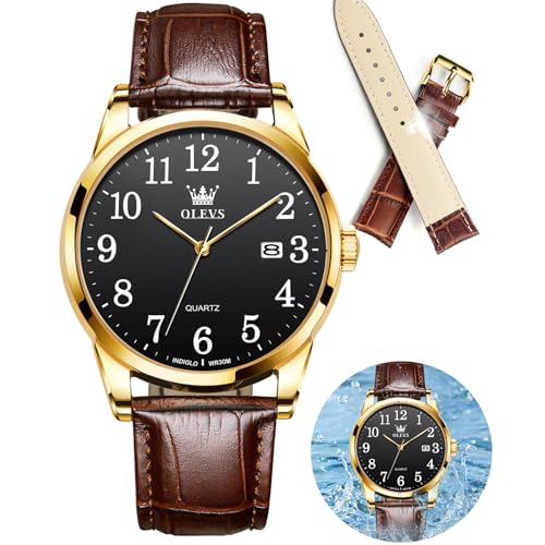 Image of OLEVS Watch Men Mens Watches Watches for Men Leather Band Classic Brown Leather Watch Men, Analog Watch Men, Black Mens Leather Watch, Dress Waterproof Large Face Mens Watch,Relojes para Hombres Watch