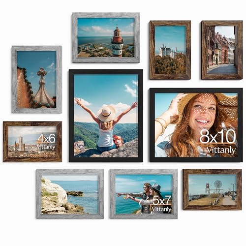 Image of Vittanly Picture Frames Set of 10, Picture Frames Collage Wall Decor with Two 8x10, Four 5x7, and Four 4x6 Photo Frames, Gallery Wall Frame Set for Wall or Tabletop Display, Black&Brown&Grey