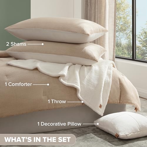 Image of UGG Remina Comforter Set 5 Piece Bed in a Bag with Throw Blanket, Decorative Pillow, Shams, and Reversible Comforter Hypoallergenic Washable Luxury Plush Warm Fluffy Bedding Set, King, Brown Birch