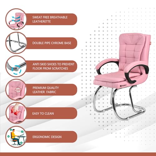 Image of GOYALSON Leatherette Double Cushion Office Guest Chair Sleek, Comfortable Seating for Visitors in Lobby, Reception (3, Pink, Double Pipe Chrome Steel Frame)