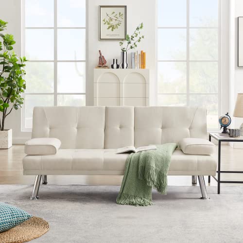 Convertible Folding Futon Sofa Bed With Metal Legs & 2 Cupholders, Modern Fabric Linen Upholstered Couch Loveseat Sleeper, Folding Couches Bed, Removable Armrests For For Small Spaces (White) #TOP2