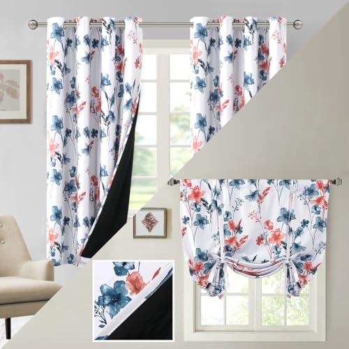 H.VERSAILTEX 100% Blackout Cattleya Floral Printed Curtains Bundle Tie Up Curtain ，Stone Blue and Coral