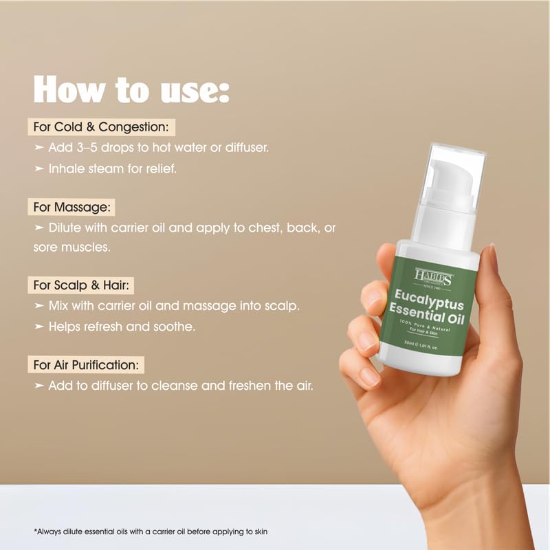 Image of Habibs Pure Eucalyptus Essential Oil - 100% Undiluted, Therapeutic Grade for Respiratory & Sinus Relief 30ML
