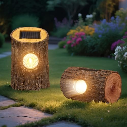 FANOAULEA 2 Pack Solar Tree Stump Lights Outdoor, Waterproof Solar