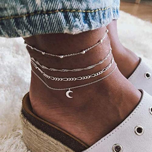 Edary Boho Anklet Bracelet Vintage Moon Anklets Set Silver Ankle Chain Foot Jewelry for Women and Girls.(4PCS?