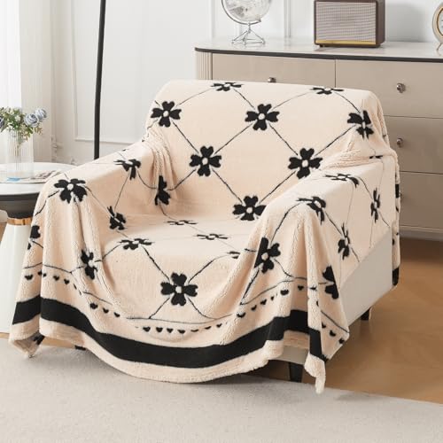 Image of HOKIPO Plush Sherpa Sofa Cover for 1 Seater Sofa | Thick Cozy Washable Sofa Throw | Full Protection Sofa Cover, 'Noirea Series' Floral Lattice (180x180 cm) (AR-6651-D4)