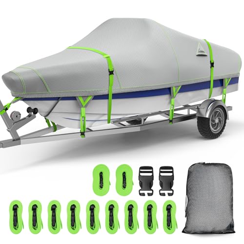 UIRWAY Boat Cover Waterproof, Heavy Duty 1200D Boat Tarp with Reflective Strips, Bass Boat Covers for Trailering & Mooring, Fits V-Hull Fishing Runabout Yacht, Length: 20'-22' Beam Width up to 100