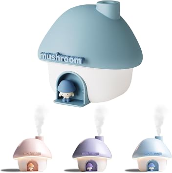 Cute Mushroom House Humidifier, 300ml Small Cool Mist Humidifers, USB Rechargeable Mini Portable Air Humidifer with Night Light for Bedroom, Office, Car, Travel, Indoor Plants Blue