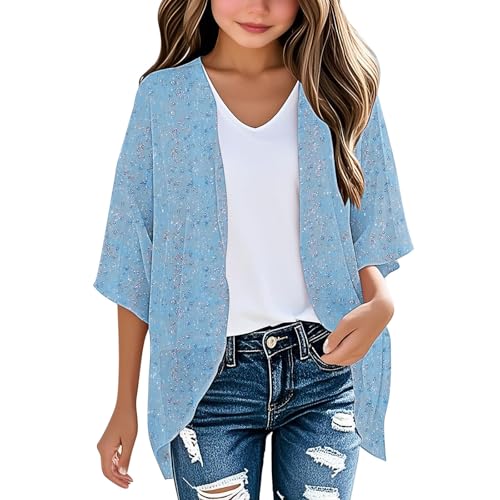 Lightweight Cardigan for Big Kids 2025 Fall Graphic Printed 3/4 Sleeve Open Front Comfy Vacation Shrugs 3-14 Years
