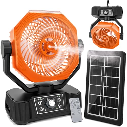 Camping Ventilator mit Wasserkühlung, Solarpanel, licht, 12000mAh Solarventilator Outdoor, Wiederaufladbarer Tischventilator USB mit Haken,...