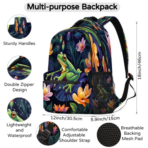 Green Frog Laptop Backpack for Adult Women Men Frog Casual Daypack with Compartment & Multiple Pockets Book Bags Travel Bag2