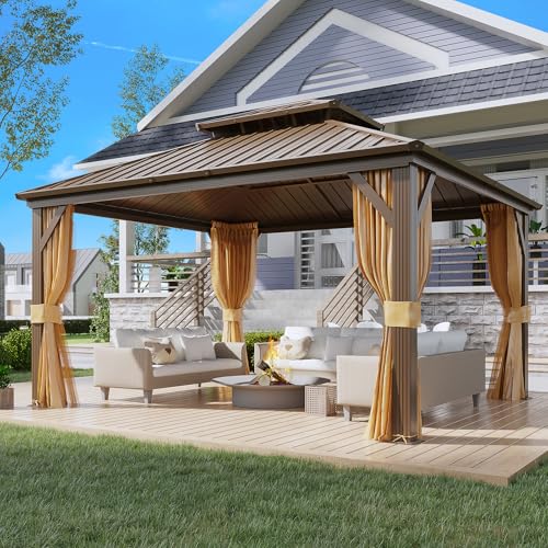 YOLENY 12 x 14 Gazebo Hardtop Gazebo with Aluminum Frame Double Galvanized Steel Roof Curtains and Netting Included Metal Gazebos Pergolas for Patios Garden Parties Lawns
