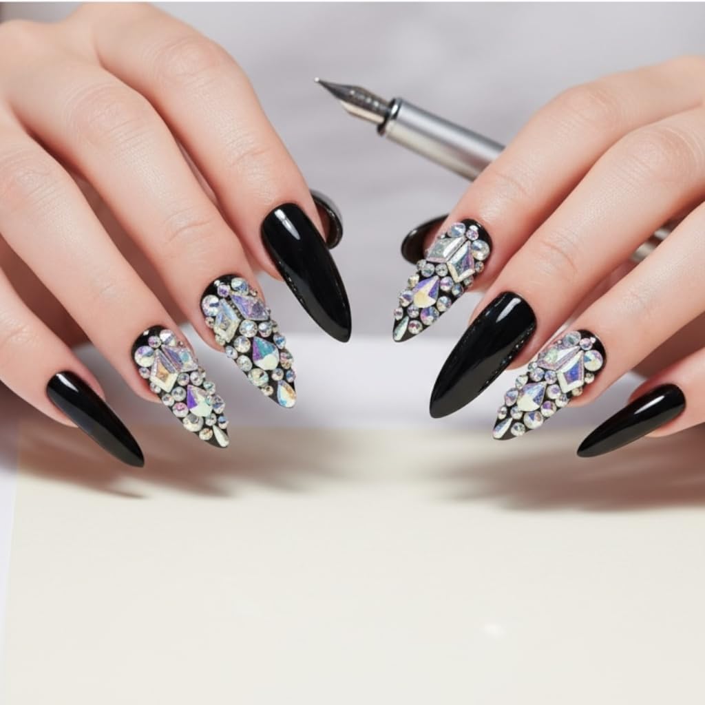 Black 3D Crystal Design Press On Nails - Extra Long Sharp Stiletto Fake Nails with Rhinestones and Nail Glue, Reusable Nail Tips - Glue On Nails 24 Nail Kit, Noir Sparkle