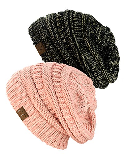 NYfashion101 Exclusive Unisex Two Tone Warm Cable Knit Thick Slouch Beanie Cap, 2 Pack - Black/Dark Beige & 2 Tone Rose