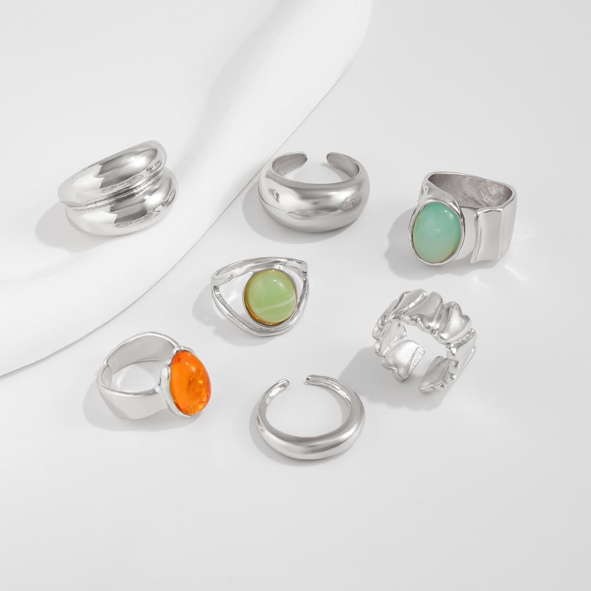 Chunky Silver Rings for Women Set Adjustable Thick Statement Rings for Women Irregular Gemstone Stacking Rings Silver Accessories Chunky Jewelry - Image 7