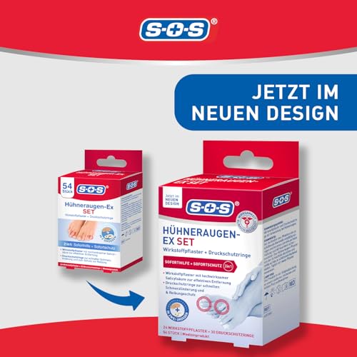 SOS Hühneraugen-Ex Set, Pflaster für Sofortige Druckentlastung, Entferner Mit Salicylsäure, Schnelle Schmerzlinderung und Schutz Gegen Reibung, 6 x 54 Stück