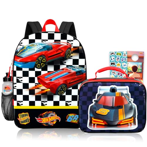 Hot Wheels Mochila com lancheira para meninos – Pacote com mochila de carro de corrida de 40,6 cm, lancheira, garrafa de água, adesivos, mais | Mochila escolar Hot Wheels para crianças