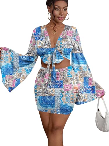 Image of LYANER Women 2 Piece Vacation Outfits Tie Knot Front Bell Long Sleeve Crop Top and Mini Skirt Summer Set