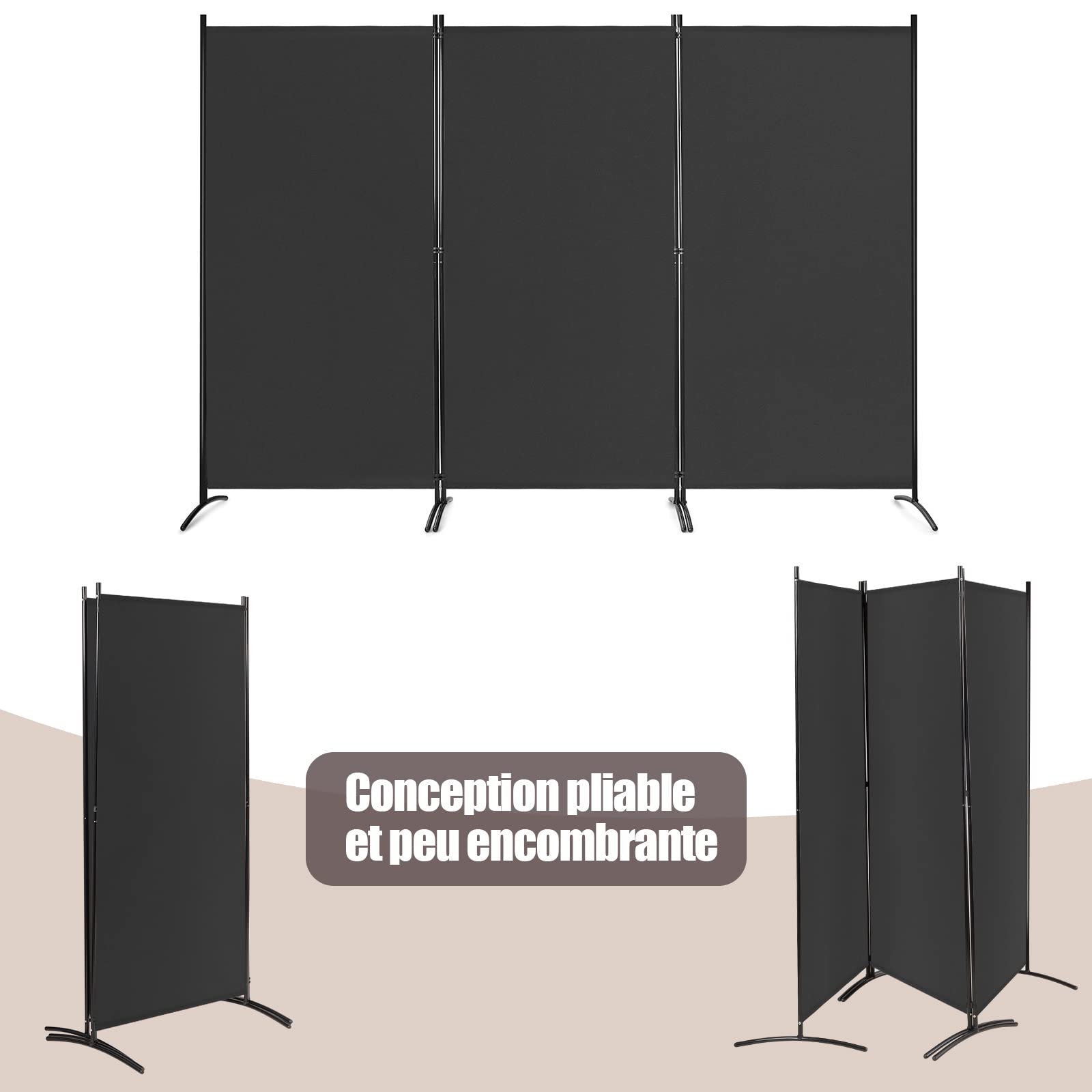 RELAX4LIFE Paravent 3 Pcs en Polyester 260X183 CM avec Cadre en Métal, Cloison de Séparation avec Charnières Résistantes et Base Incurvée, Paravent Pliable pour Salon/Jardin/Terrasse, (Modèle1, Noir)