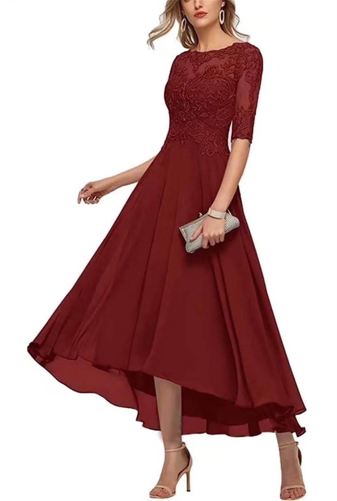 Kiyne Women's Burgundy Mother Of The Bride Dresses For With Sleeves Chiffon Scoop Neck Plus Size High Low Formal Evening Dress Uk22
