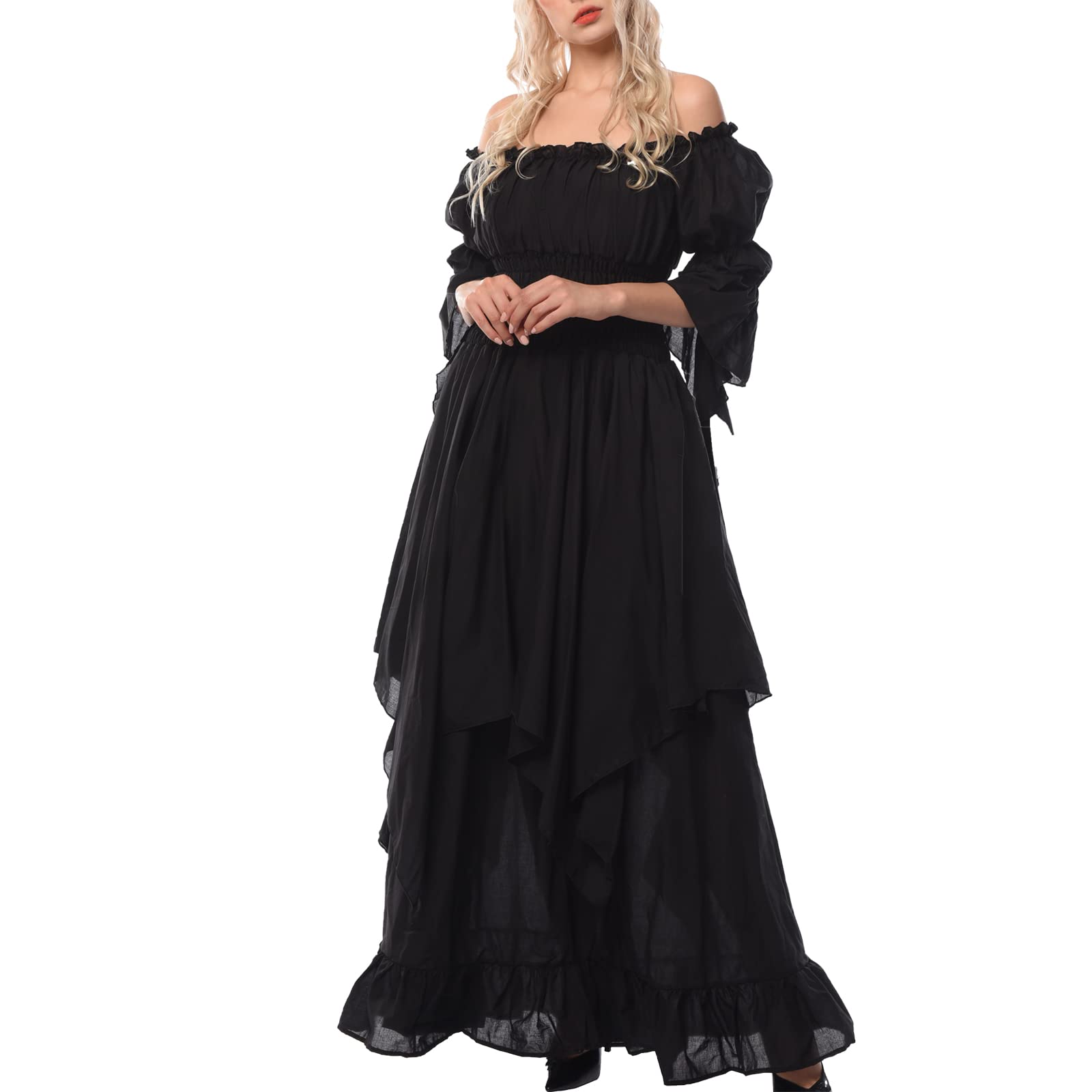 CR ROLECOS Mittelalter Kleid Damen Gothic Kleid Lang Viktorianisches Renaissance Kleid Mittelalterliches Ballkleid Schulterfrei Hexenkleid Schwarz L/XL