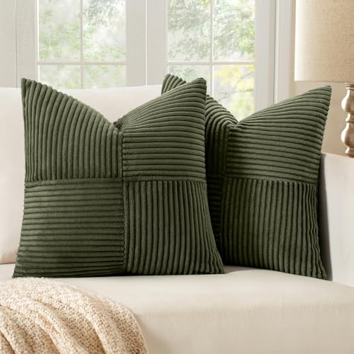 MIULEE Olive Green Corduroy Pillow Covers Pack of 2 Boho Decorative Spliced Throw Pillow Covers Soft Solid Couch Pillowcases Cross Patchwork Textured Cushion Covers for Living Room Bed Sofa 18x18 inch