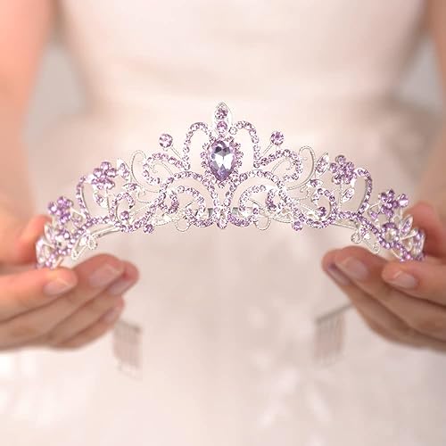 Miniatura 4 de Corona de tiara de cristal para mujeres y niñas, elegante corona de princesa con peines, tiaras para mujeres, nupciales, bodas, bailes, cumpleaños,