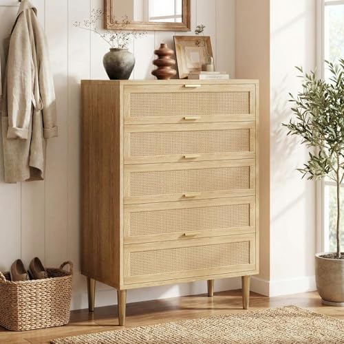 IDEALHOUSE Rattan 5 Drawer Dresser, 44''Tall Narrow Chest of Drawer, Farmhouse Wooden Vertical Dresser with Metal Legs and Handles, Modern Cabinet for Bedroom, Living Room, Oak