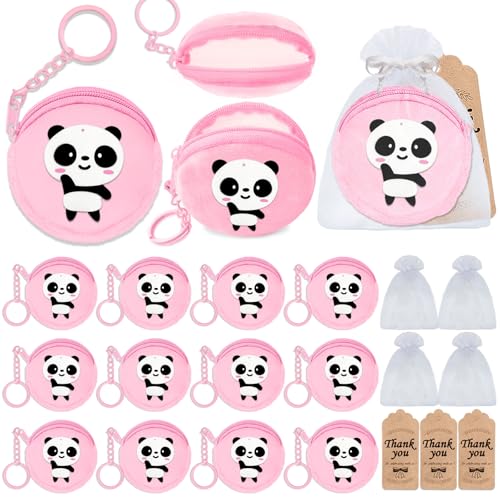 36 Pack Panda Change Purses Set Include 12 Wallets with Keyring,12 Thank You Tags and 12 Organza Bags for Panda Lover, Panda Themed Jungle Safari Animals Birthday Party,Pink