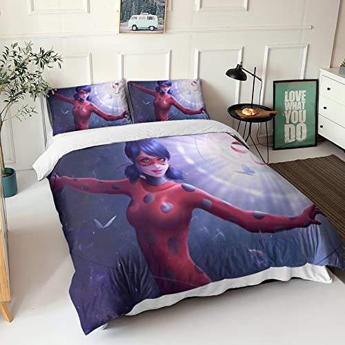 Miraculous Ladybug Funda De Edredón Impresión 3D,Juego De Cama para Microfibra Suave,Ladybug Funda Nordica con Cremallera Y Fundas De Almohada,decoración para Dormitorio King(220x240cm)