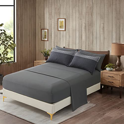 Anibedding 7 Pieces Bed In A Bag Black Grey Queen Size Comforter Set, Lightweight Striped Microfiber Bedding Comforter Sets For Queen Bed thumb #3