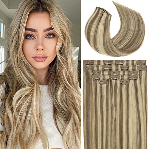 Lacer Hair Seamless Clip in Hair Extensions Human Hair Highlight Color Light Brown with Platinum Blonde 7pcs Invisible PU Skin Weft Straight Natural Remy Hair Extensions Clip in for Women 20 Inch