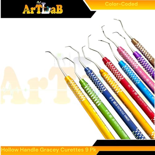 Color-Coded Hollow Handle Gracey Periodontal Curette Scaler Picks, Lightweight, Double Ended Dental Instruments Set of 9