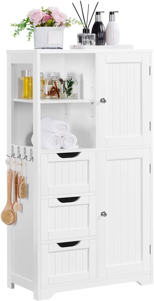 Bathroom Floor Cabinet with 3 Drawers and Door Cabinets, Freestanding Storage Cabinet with Adjustable Shelves and Side Hooks for Bathroom Living Room Kitchen, 107 cm Height