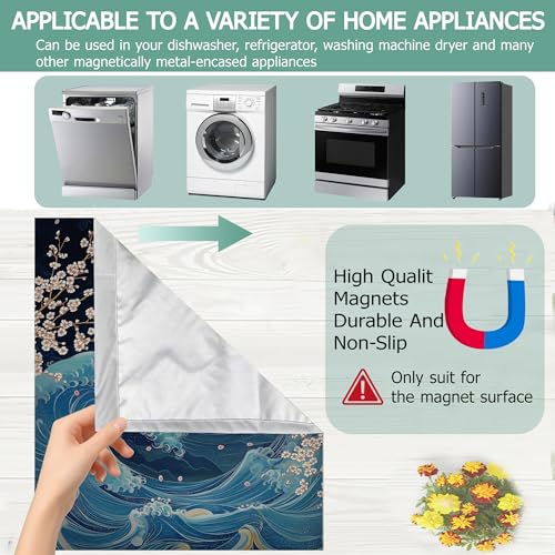 Image of Dishwasher Magnets Decorative Cover,Japanese Crane Refrigerator Magnet Cover,Washable Blue Sea Wave Pink Flowers Dishwasher Front Panel Cover Home Kitchen Decoration 23x26 Inch
