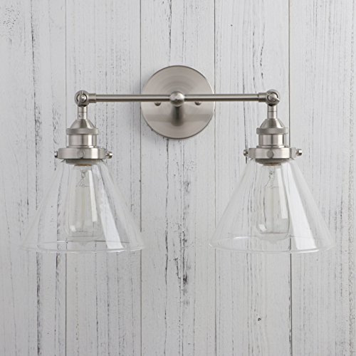 Image of PERMO Industrial Vintage Slope Pole Wall Mount Single Sconce with Funnel Flared Clear Glass Shade Wall Sconce Light Lamp Fixture Hardwired (Antique Gold) (Brushed, Funnel Flared 2-Light Hardwired)